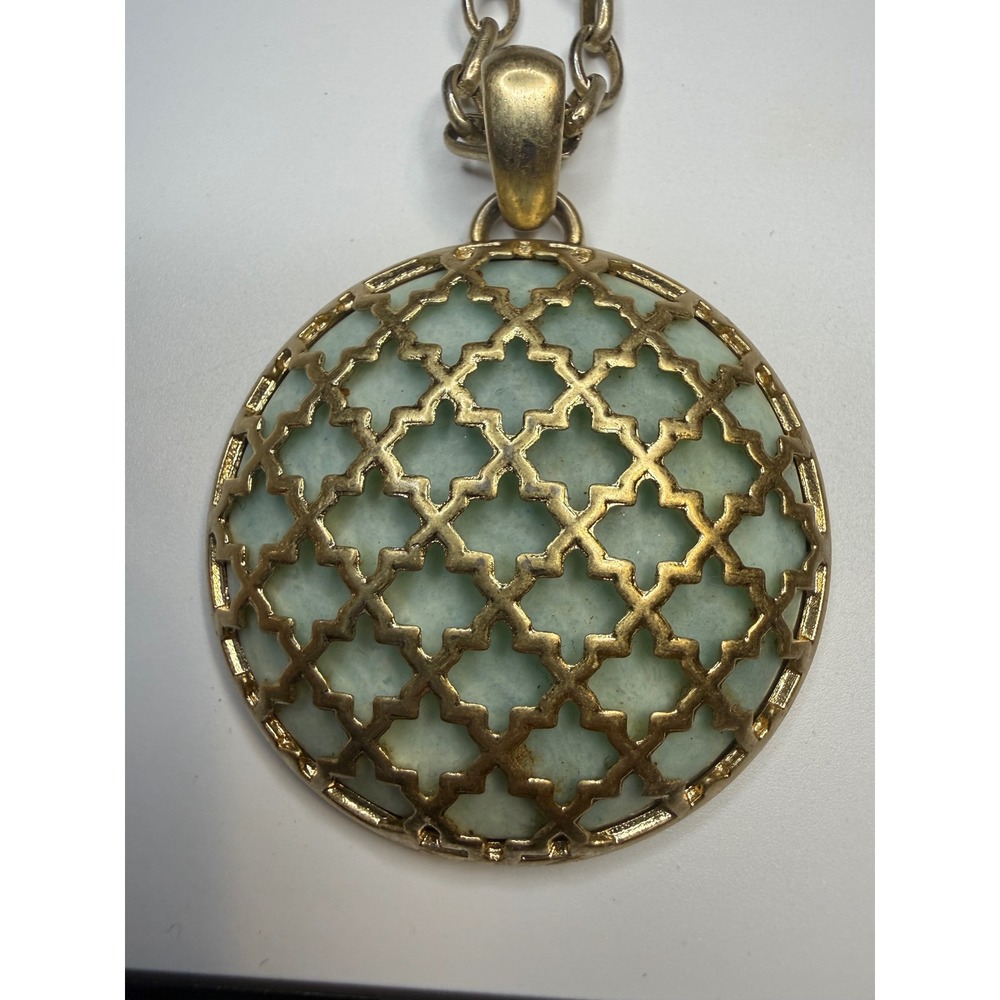 Kian Family Gold Tone Filigree Mint Stone Circular Pendant Necklace